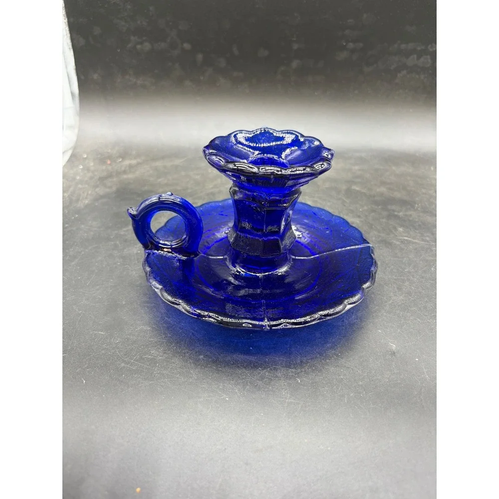 Vintage Cobalt Blue Glass Chamberstick Candle Holder Scalloped Finger Loop 3.5in